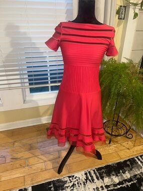 TADASHI SHOJIRed Short-Sleeve Fit & Flare Mini Dress with Sheer Stripe Accents